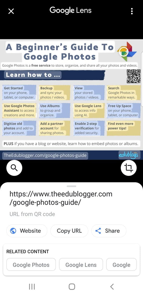 Reading a QR code using Google lens inside Google photos