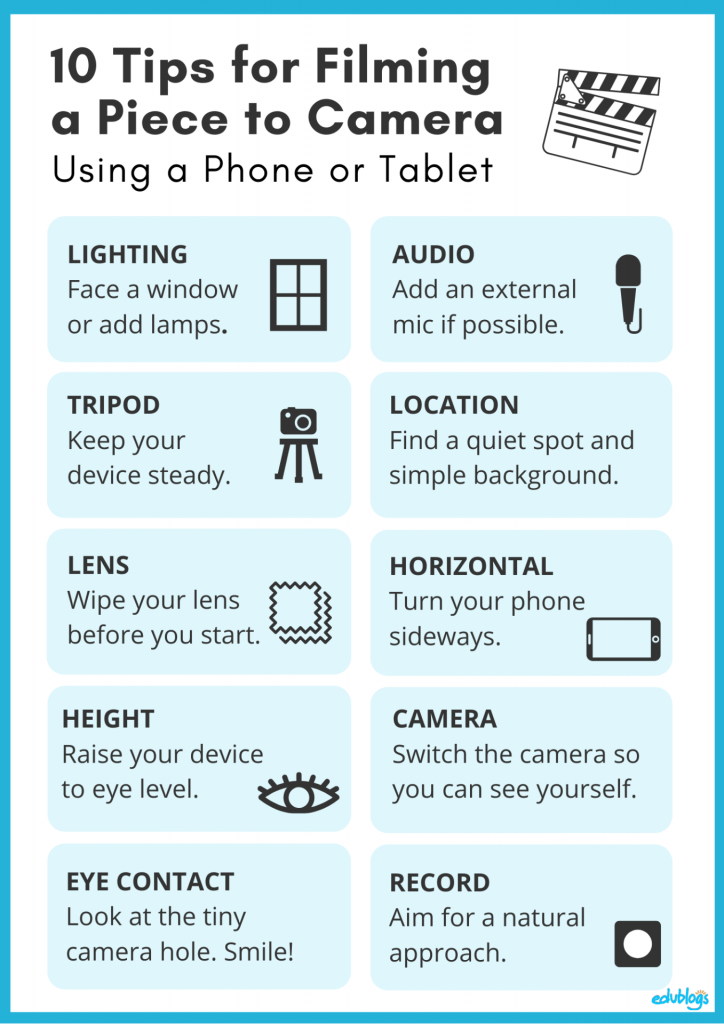 10 Tips For Filming A Piece To Camera On A Phone Or Tablet as described in the post (Edublogs)
