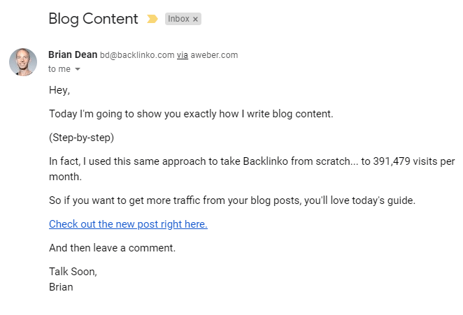 Screenshot of simple text based email from Brian Dean