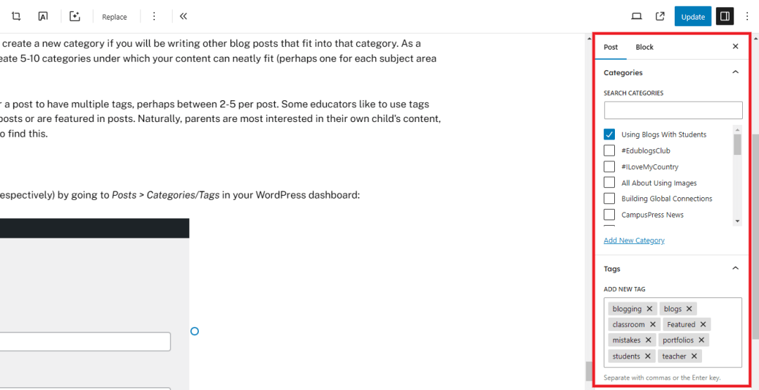 Screenshot showing how to select categories in a WordPress post as explained above.