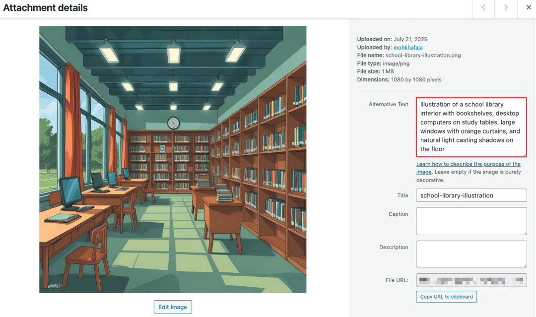 Adding Alt text to an image uploaded to the media library