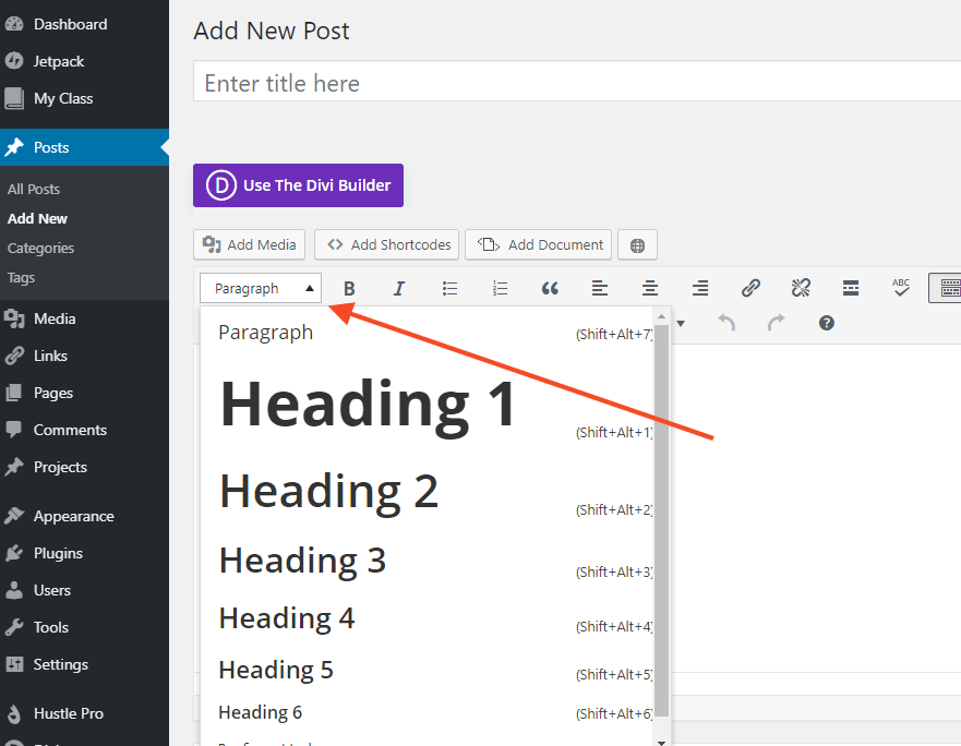 Screenshot showing where to find a heading in your visual editor