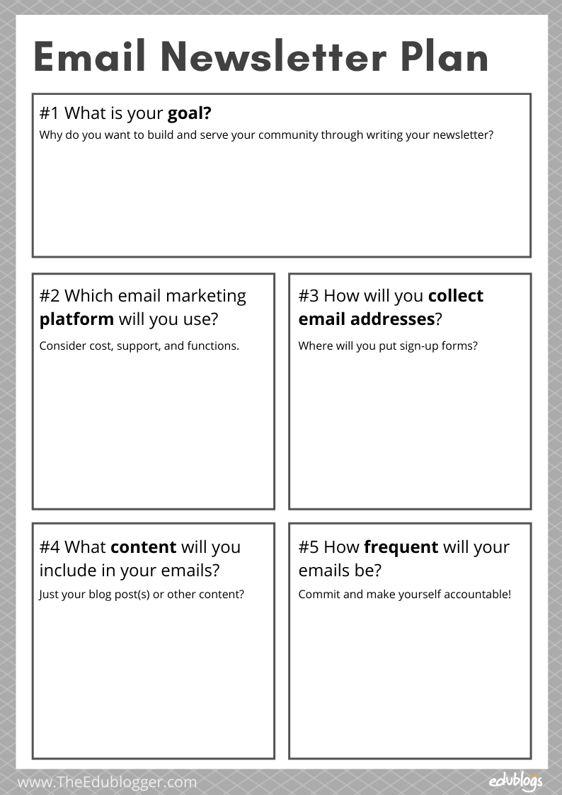 A printable worksheet with space to reflect on the 5 planning points listed above